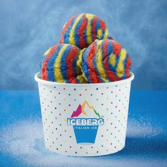Tropical Rainbow Italian Ice in a frozen dessert cup